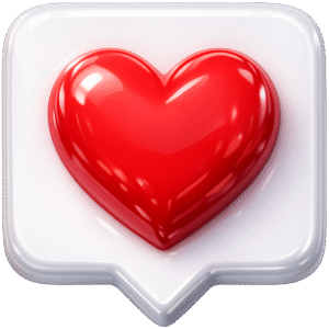 Glossy 3D Instagram Like Icon PNG featuring a vibrant red heart inside a white speech bubble for social media UI overlays.