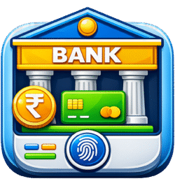 Bank Security Icon PNG with secure banking building, fingerprint authentication, debit card, and rupee coin transparent background