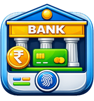 Bank Security Icon PNG with secure banking building, fingerprint authentication, debit card, and rupee coin transparent background