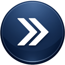 Glossy blue circular Chevron Next Button PNG with white double arrows, ideal for media players and web navigation UI.