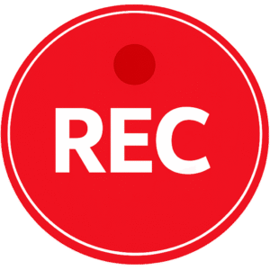 Vibrant red Circular Record Button PNG with bold white REC text and border, perfect for camera apps and video UI overlays.