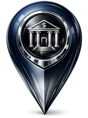 Bank Branch Location Pin Icon PNG – Metallic Bank Location Marker with Transparent Background