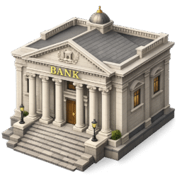 Isometric 3D classical bank building icon png with pillars and gold lettering for finance design