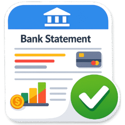Flat bank document check icon png featuring a verified statement, green checkmark, and financial charts for UI design