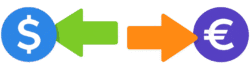 Flat bank transaction icon png showing dollar and euro currency exchange with directional arrows for banking UI
