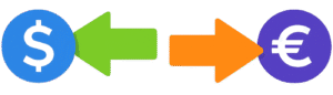Flat bank transaction icon png showing dollar and euro currency exchange with directional arrows for banking UI