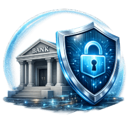 3D secure banking icon png featuring a classic bank building protected by a glowing blue digital shield and padlock