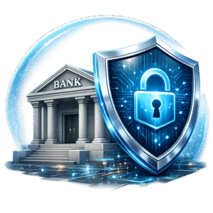3D secure banking icon png featuring a classic bank building protected by a glowing blue digital shield and padlock