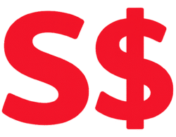 Bold red singapore dollar icon png in a flat minimalist typography style for finance UI and currency converter apps