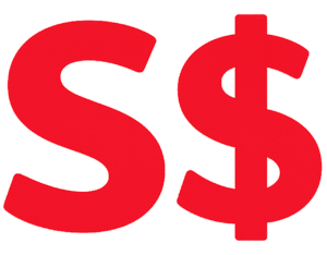 Bold red singapore dollar icon png in a flat minimalist typography style for finance UI and currency converter apps