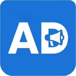 Ads advertisement megaphone icon featuring white AD text with an integrated megaphone inside a solid blue rounded square background.