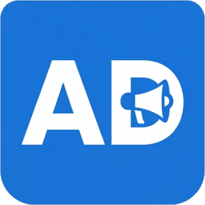 Ads advertisement megaphone icon featuring white AD text with an integrated megaphone inside a solid blue rounded square background.