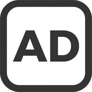 Ads advertisement rounded square icon featuring dark grey AD text within a matching dark grey rounded square border.