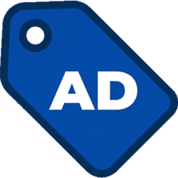 Ads Advertisement Tag Icon PNG Ads advertisement tag icon featuring bold white AD text on a diagonal blue tag with a dark blue border.