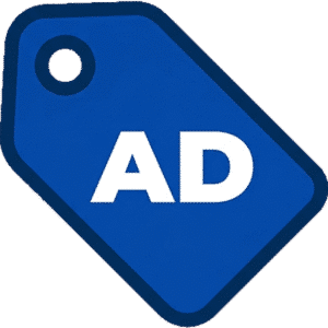 Ads advertisement tag icon featuring bold white AD text on a diagonal blue tag with a dark blue border.