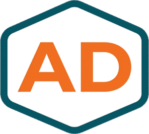 Ads advertising badge icon featuring bold orange AD text within a teal hexagonal border.
