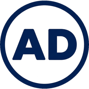 Ads advertising circle icon featuring dark blue AD text within a white circle and a dark blue border.