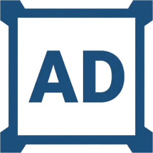 Ads advertising square frame icon featuring blue AD text within a structured blue square frame outline.