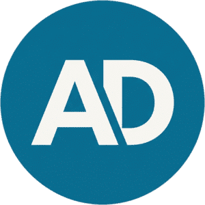 Ads bold circle typography icon featuring stylized white AD text on a solid teal circular background.