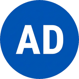 Ads circular minimal badge icon featuring white AD text on a solid blue circular background.