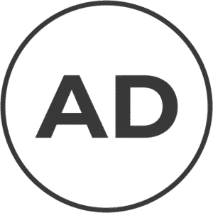 Ads circular outline icon featuring dark grey AD text within a thin dark grey circular border.