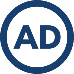 Ads circular ring icon featuring dark blue AD text within a thick dark blue circular border.
