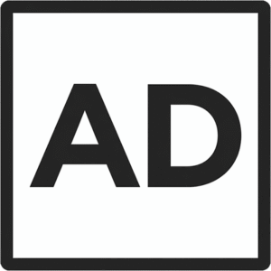 Ads minimal ad symbol icon featuring black AD text inside a black square border on a white background.