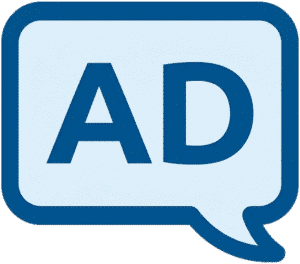 Ads minimal bubble icon featuring dark blue AD text inside a light blue speech bubble with a dark blue border.