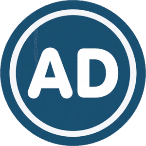 Ads minimal circle text icon featuring white AD text inside a dark blue circle with a white inner border.
