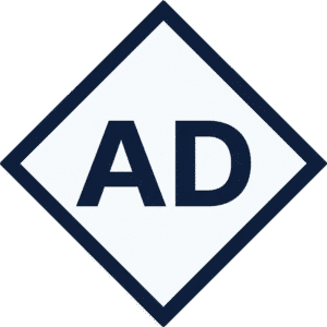 Ads minimal diamond icon featuring dark blue AD text within a dark blue diamond border on a white background.