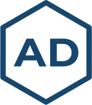 Ads minimal hexagon icon featuring blue AD text within a blue hexagonal border on a black background.