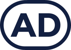 Ads minimal oval icon featuring dark blue AD text within a dark blue oval border.