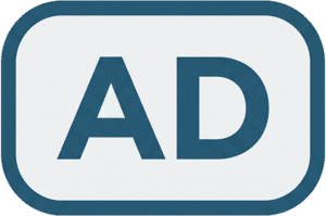 Ads minimal pill icon featuring blue AD text within a blue pill-shaped border.