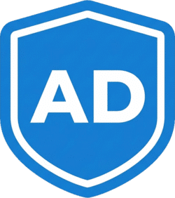 Ads Minimal Shield Icon PNG Ads minimal shield icon featuring white AD text on a blue shield background.