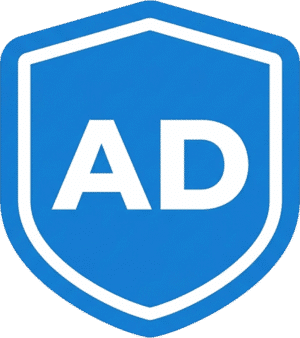 Ads minimal shield icon featuring white AD text on a blue shield background.