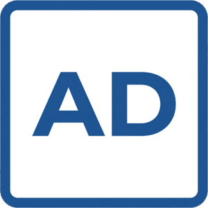 Ads minimal square outline icon featuring blue AD text within a thin blue rounded square border.