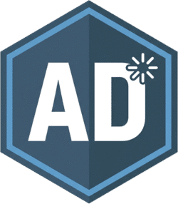 Ads promotional badge icon featuring white AD text with a starburst accent on a blue hexagonal background.