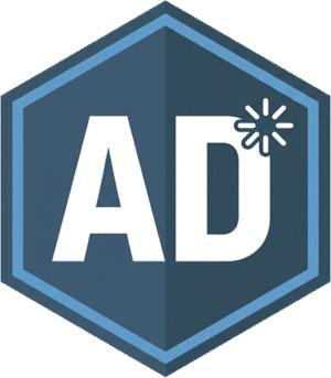 Ads promotional badge icon featuring white AD text with a starburst accent on a blue hexagonal background.