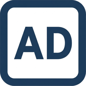 Ads simple rounded icon featuring dark blue AD text with a thick rounded border.