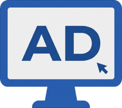 Advertising Ad Screen Icon PNG – Transparent Blue Monitor Blue and white advertising ad screen icon with a cursor pointing to AD text. Transparent background for marketing designs.