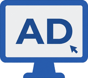 Blue and white advertising ad screen icon with a cursor pointing to AD text. Transparent background for marketing designs.