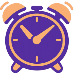 Alarm clock duotone vector featuring a stylized purple and pastel orange twin-bell design with a clean analog face.