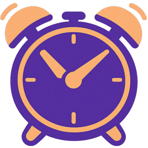 Alarm clock duotone vector featuring a stylized purple and pastel orange twin-bell design with a clean analog face.