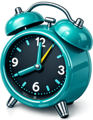 Alarm clock icon 3D glossy featuring a vibrant teal twin-bell design with a dark face and yellow hands.