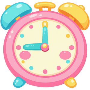 Alarm clock icon cute kawaii featuring a playful pastel pink design with blue and yellow bells and a colorful dotted dial.