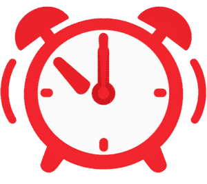 Alarm clock ringing icon featuring a vibrant red flat twin-bell design with a white face and ringing motion lines.