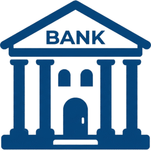 Bank building featuring a solid dark blue flat vector illustration of a classic financial institution with the word BANK.