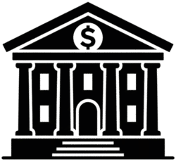 Bank Building Icon PNG Bank building icon featuring a clean minimalist white outline vector design of a classic financial institution with a dollar sign.