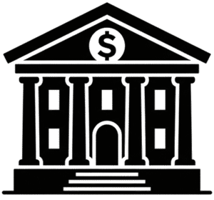Bank building icon featuring a clean minimalist white outline vector design of a classic financial institution with a dollar sign.