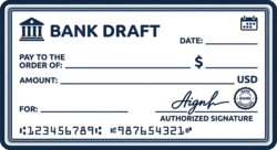 Bank Draft Scaled PNG Bank draft scaled featuring a clean dark blue and white minimal commercial check design with blank transaction fields.